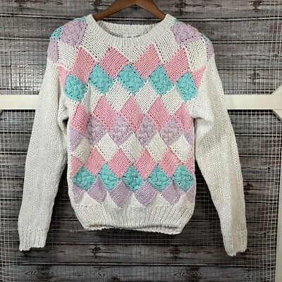 Suéter Vintage Grueso Tejido Pastel Argyle Diamante Cuadros Talla S Blanco Años 80’s Foto 1 de 4
