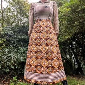 Vintage 1970s Mustard Yellow & Brown Gingham Quilted Boho Maxi Dress Size UK 10 - Picture 1 of 5