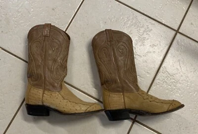 Botas occidentales vintage 1990 8EE Tony Lama bronceadas/marrones pluma completa cuero avestruz Foto 1 de 4