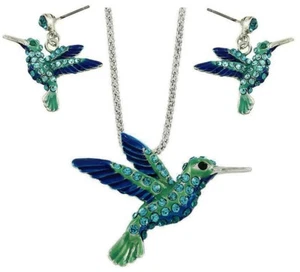 Beautiful Hummingbird Necklace and Earring Set 24" Chain Fast Sipping - Picture 1 of 2