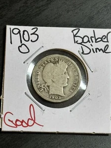 Moneda de diez centavos de plata O Barber 1903 bonita G+ buena fecha mejor (Raw14104) - Imagen 1 de 2