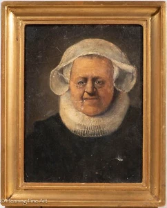 Impresionante pintura al óleo antigua maestra holandesa de anciana después de Rembrandt - Imagen 1 de 9