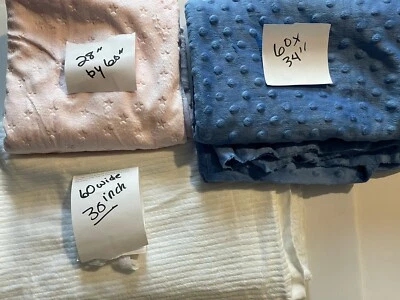 3 Remnant Lot Plush Dot Star Minky 30” White 34” Blue 28” Pink 60" Wide Fabric - Image 1 of 2