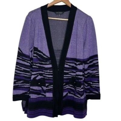 Cárdigan Ming Wang Púrpura Negro Longline Estampado Cebra Manga Larga Tejido Talla XL Foto 1 de 4