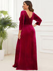Women's Velvet 3/4 Length Sleeve Illusion V-Neck Front Slit Evening Dress
