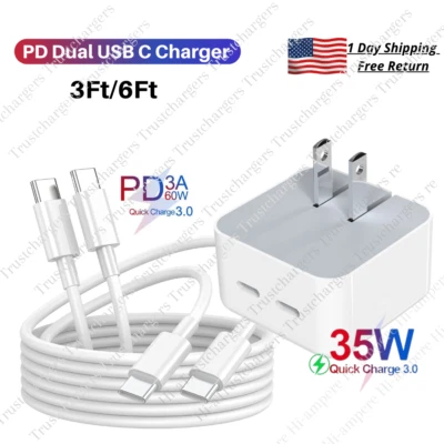 Dual USB C Port Fast Charge Adapter PD USB C To USB C Cable For iPad Pro/Samsung - Image 1 of 4
