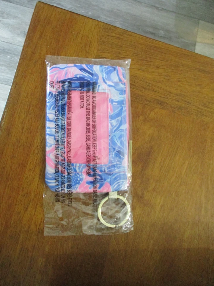 Lilly Pulitzer Azul Rosa Cremallera Estuche de Identificación Tono Dorado Llavero Portatarjetas Cartera Foto 1 de 1