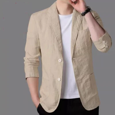 Nuevo Verano Hombres Algodón Lino Traje Chaqueta Delgado Sólido Blazer Dos Botones Informal Abrigo Foto 1 de 4