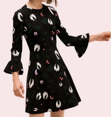 Kate Spade Dress Women's Size M Fit Flare Bell Sleeve Floral Print Black Stretch - Image 1 of 4