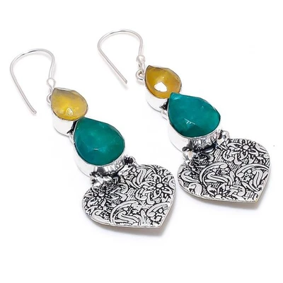 Greensimulated, Blu Giada 925 Argento Sterling Gioielli Orecchino 6.5cm - Immagine 1 di 4