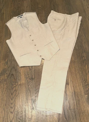 Chaleco y pantalones de lino para hombre Perry Ellis tostado espiga grande 33x32 playa boda Foto 1 de 4