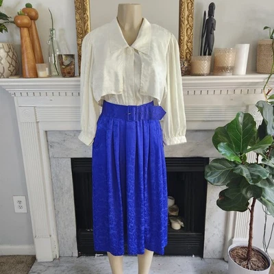 Vestido Camisa Vintage Anos 70 Azul Jacquard Midi Plissado Secretário Grandmacore Tamanho 10 - Imagem 1 de 4