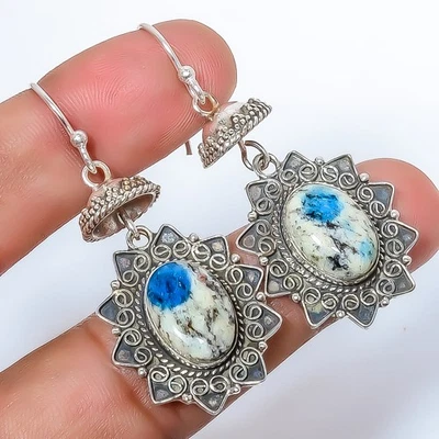 K2 蓝色 - Azurite 石英宝石 925 纯银巴厘岛耳环 1.76 英寸 A347 — 第 1/4 张图片