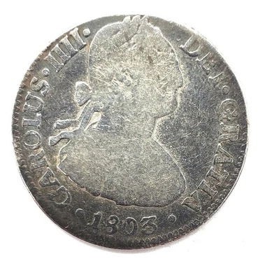 Cleaned 1803 Silver Two Reales Reale Real Mexico Coin 2R Carolus IIII U Grade A7 - Image 1 of 2