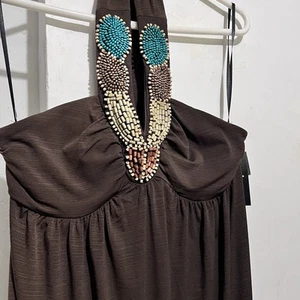 Brown beaded halter neck dress #halterneck IZ Byer California size XL - Imagen 1 de 14