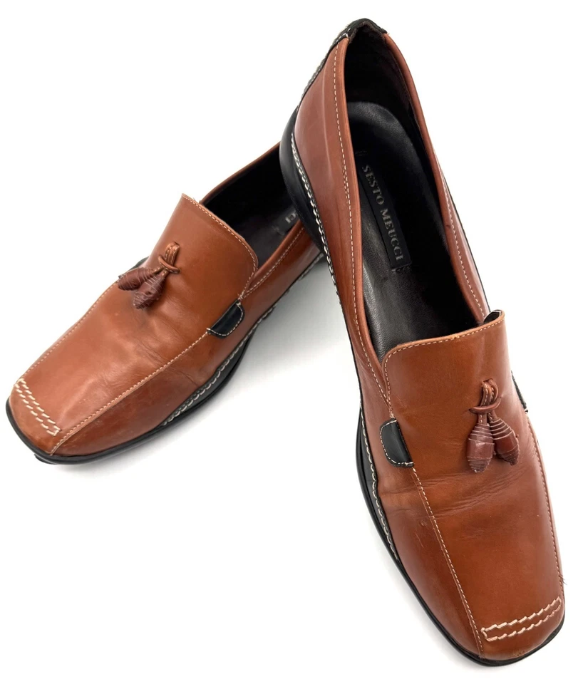 Женские мокасины Sesto Meucci 11 цвет итальянский коньяк желтовато-коричневый кожа кисточки комфорт для вождения - Изображение 1 из 4