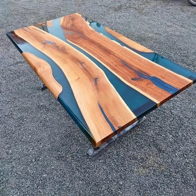 Elegant and Regal Blue River Dining Table – Epoxy with Natural Wood Slab 48"X30" - Image 1 of 4