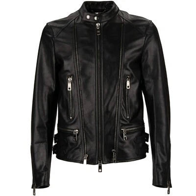 Chaqueta de cuero de motociclista Dolce & Gabbana con bolsillos hebillas cremalleras negra 11747 Foto 1 de 4