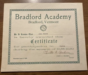 1939 Bradford Academy School Award Chorus Certificato Vermont VT Firmato P7b - Foto 1 di 16