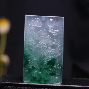 Perfekter High Ice chinesischer Jadeit Jade präzise geschnitzte Landschaft Anhänger M671 - Bild 1 von 9
