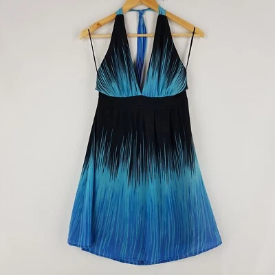 Wish Women Size 8 Black Blue Straight Shift V-Neck Halter Dress 100% Silk - image 1 of 4
