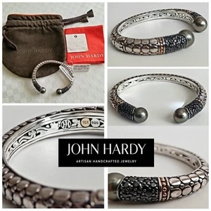 John Hardy cuff Bracelet w/2-10mm black Tahitian pearls & sapphire, 18K & 925. - Picture 1 of 13