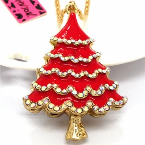 New Fashion Women Enamel Red Christmas Tree Rhinestone Pendant Sweater Necklace - Picture 1 of 3