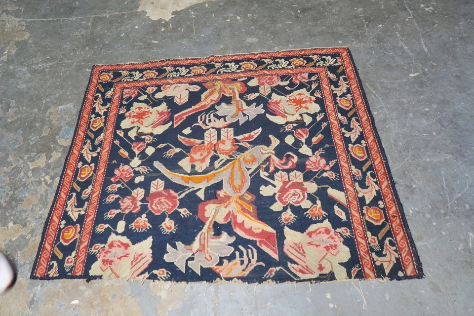 Antique Caucasian Russian Karabagh Hand Knotted Wool Rug Fragment 3'9 x 4'9 - Image 1 of 4