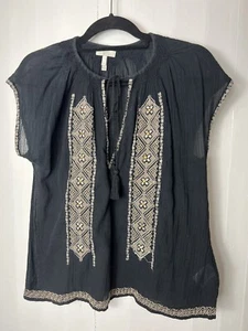 Top túnica boho de gasa negra bordada dorada Joie talla PEQUEÑA - Imagen 1 de 6