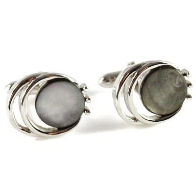 Vintage 1960s Atomic Swank Cufflinks Silvertone Smokey Mother of Pearl Foto 1 de 4