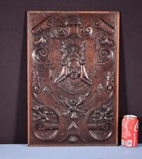 *French Antique Deeply Carved Solid Oak Wood Panel with Figure in the Center