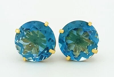 LAB BLUE ZIRCON 9.68 Cts STUD EARRINGS 14k YELLOW GOLD - New With Tag - - Image 1 of 4