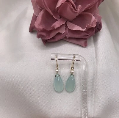 Brincos de calcedônia aquática pérola ouro 14K briolette feitos à mão 15mm - Imagem 1 de 4