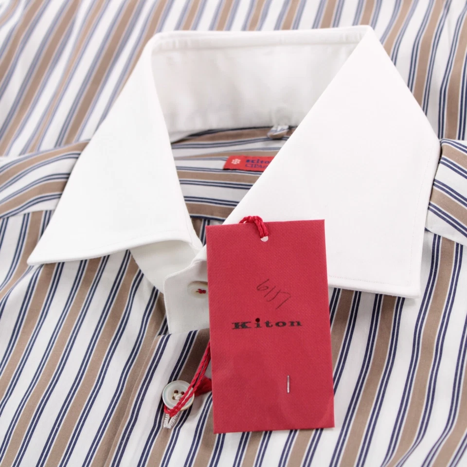 Camisa de vestir Kiton nueva con etiquetas talla 15,75 40 blanca con rayas beige 100 % algodón Foto 1 de 4