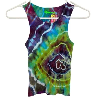 Camiseta sin mangas acanalada Geode Tie Dye hecha a mano para mujer talla pequeña multi verde reciclada Foto 1 de 4