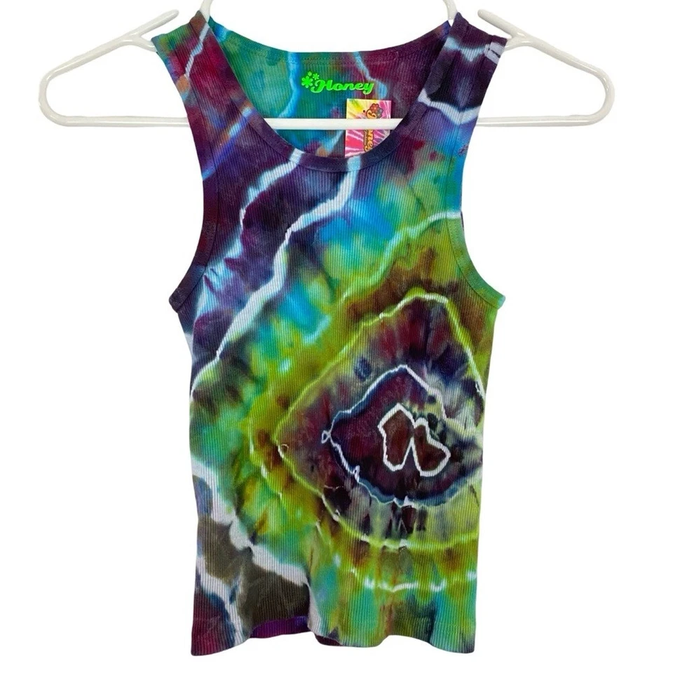 Camiseta sin mangas acanalada Geode Tie Dye hecha a mano para mujer talla pequeña multi verde reciclada Foto 1 de 4