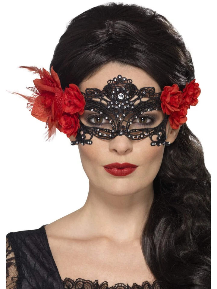 Day of the Dead Lace Filigree Eyemask With Roses Burlesque Fancy Dress Mask - Image 1 of 1