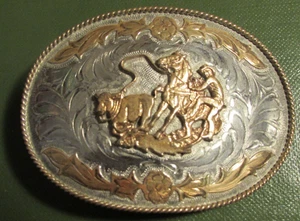 Vintage Large Cowboy Calf Roping Rodeo Mexico Silver Plate Belt Buckle - Picture 1 of 2