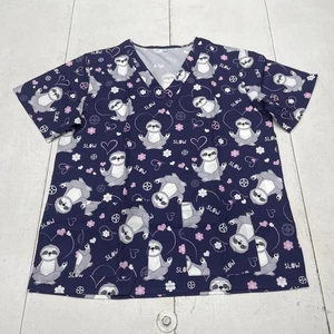 Sloth Print Scrub Top Womens Medium Navy V Neck Stretch Pockets Nursing - Picture 1 of 8