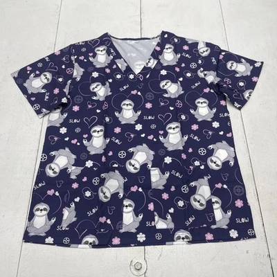 Sloth Print Scrub Top Womens Medium Navy V Neck Stretch Pockets Nursing - Image 1 of 4