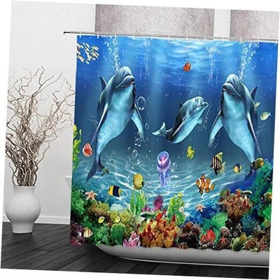 Underwater Dolphin Blue Shower Curtain Ocean Cartoon 70"W x 70"L (Pack of 1) - Image 1 of 4