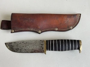 Beautiful Vintage Theater Made Knife w/ Sheath Well Made Stacked Leather Handle - Picture 1 of 9
