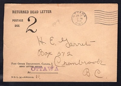 Cubierta de carta muerta devuelta de Canadá Ottawa 1920 a Cranbrook BC Foto 1 de 2