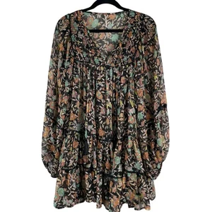 Free People Black Floral Sheer Baby Doll Boho Dress Balloon Sleeves Size Large - Picture 1 of 15