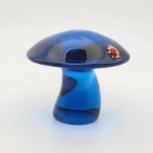 Viking Small Bluenique Glass Mushroom #6940 Paperweight With Ladybug Charm 2.25" - Picture 1 of 8