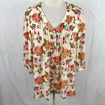Blusa Top Rosa + Oliva 3X Top Túnica Boho Floral Manga 3/4 Plisada Fluida Foto 1 de 4