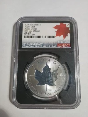 2018 CANADA INCUSE DESIGN MAPLE LEAF S$5 FIRST DAY ISSUE 30TH ANNIVERSARYMS70NGC - Image 1 of 4