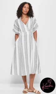 Target European Linen White & Grey Striped Midi Dress Size 18 - Picture 1 of 10