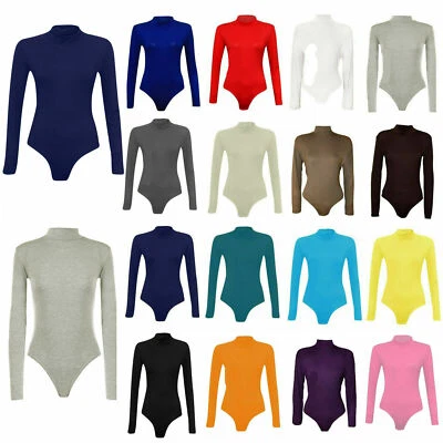 METLUQ Ladies Polo Neck Women's Long Sleeve Stretch Leotard Bodysuit T-Shirt Top UK