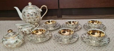  Mokkaservice Perlmutt 6 Personen Moccaservice , Gold- Echtgold - 15 tlg Mokka - Bild 1 von 4